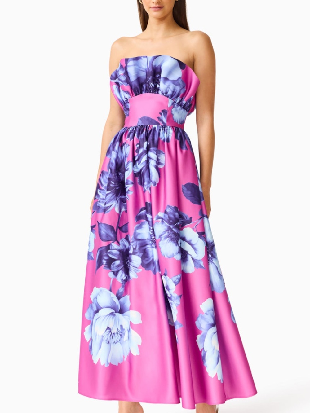 ELLIATT Sybella Ruffle Maxi Dress Gown Pink Blue Floral Strapless - Size SMALL